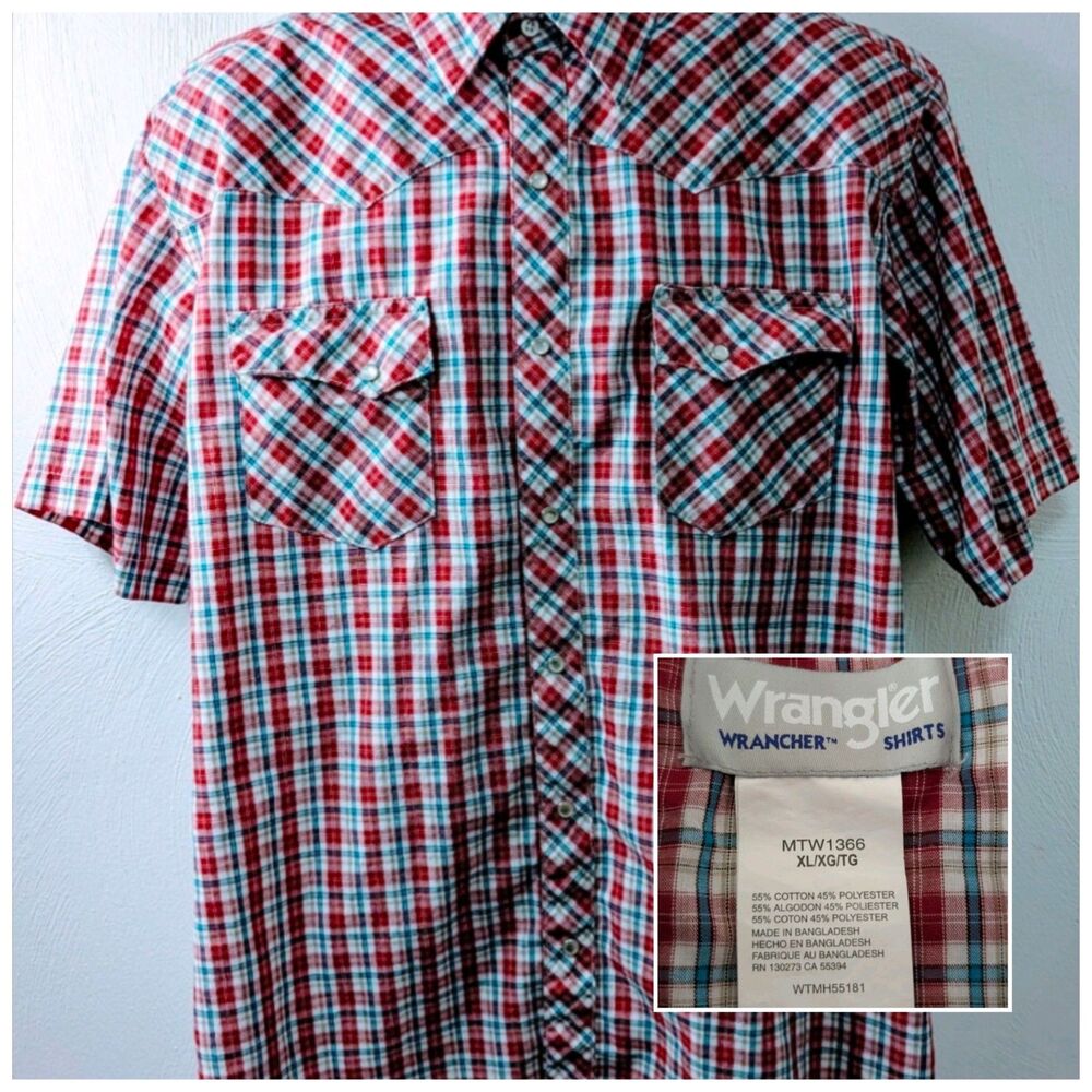 Vintage Wrangler Shirt Mens Large Pearl Snap Close Wrancher Red White Blue Plaid